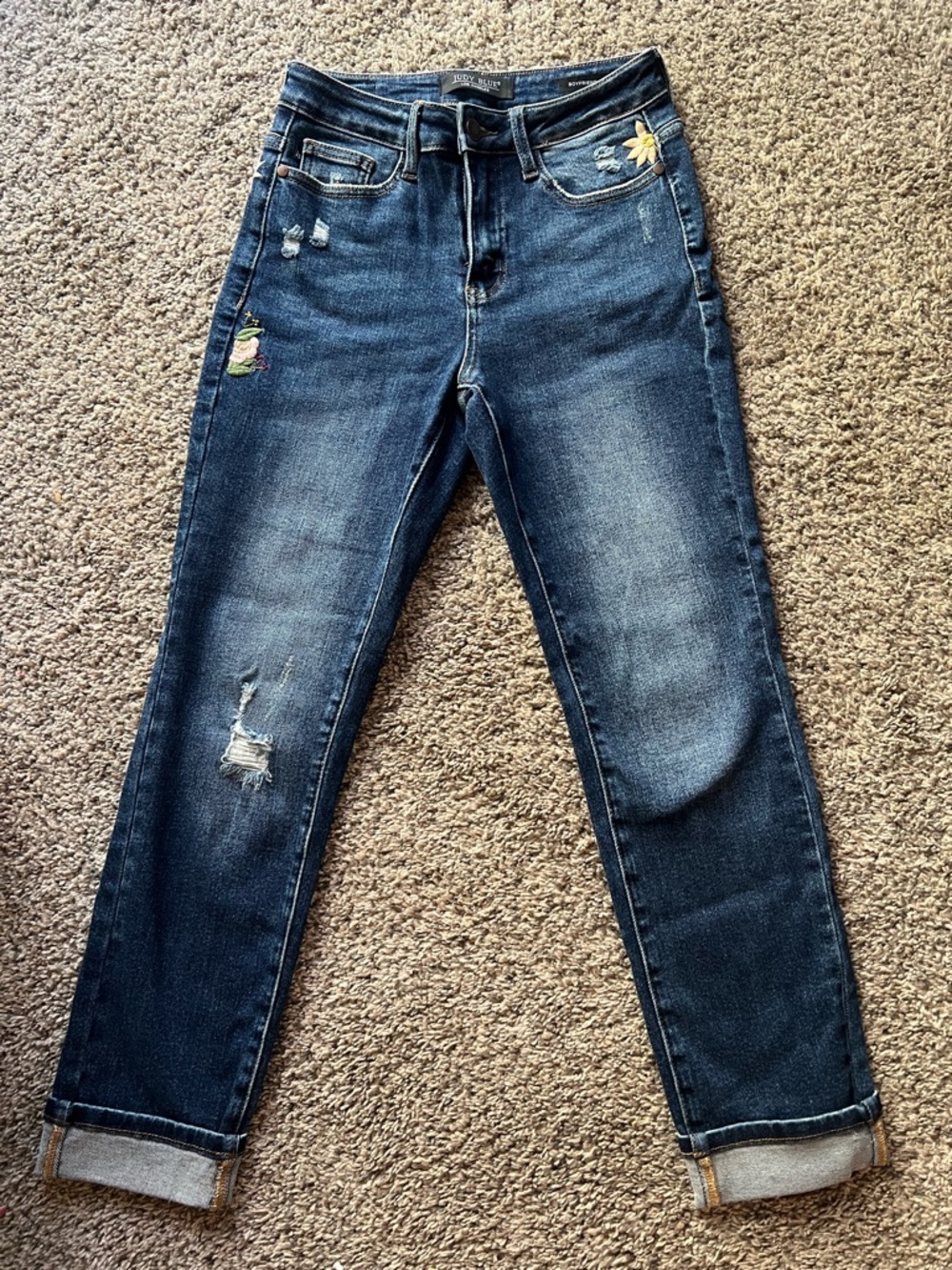 Judy Blue Dark Blue Embroidered Boyfriend Jeans